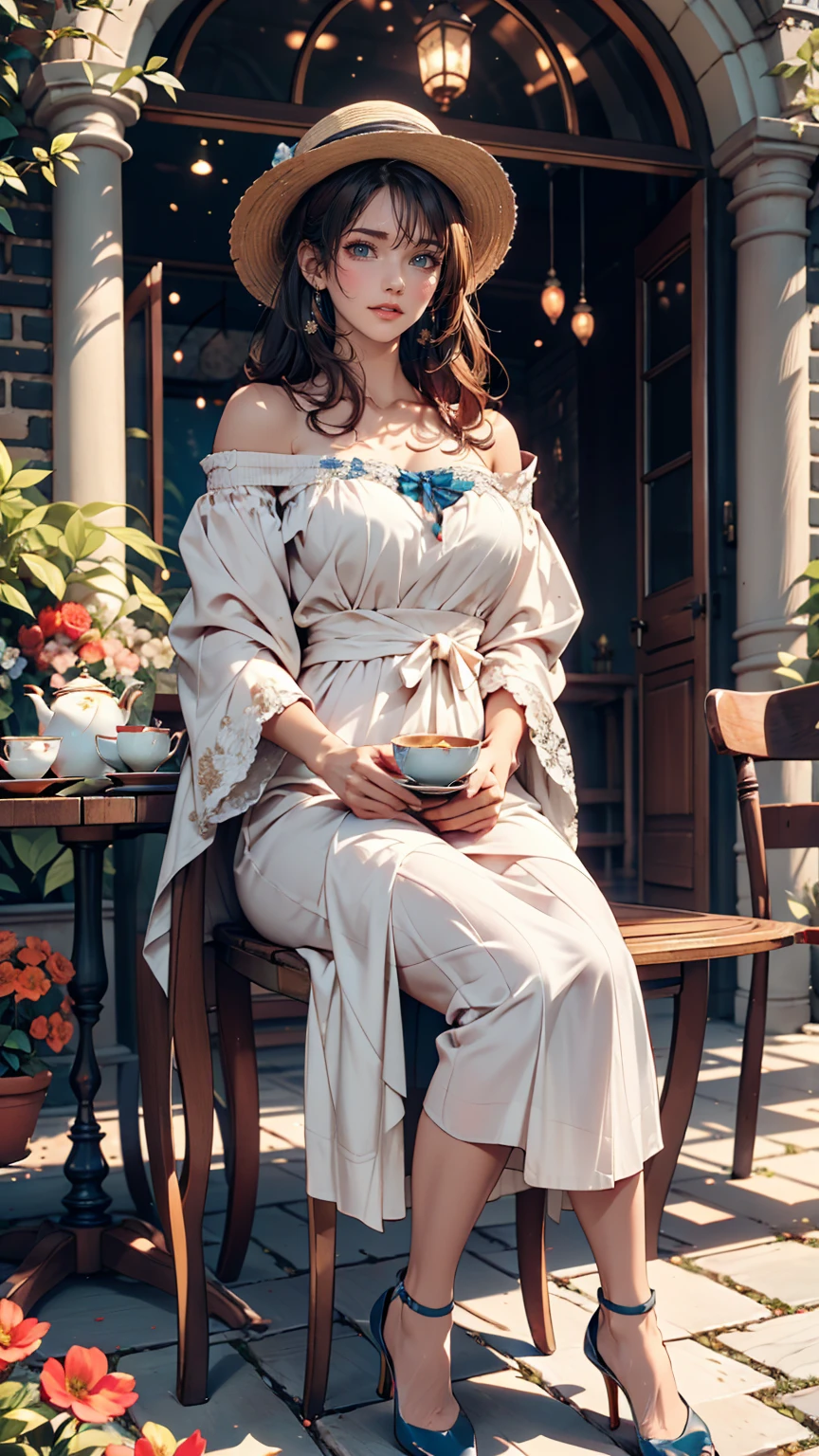 24 year old Caucasian female、Sexy proportions、Sexy、smile、smile、happiness、Flower-filled palace gardens、Tables and chairs on the lawn、A complete English tea set is placed on the table.、Sit in a chair and enjoy afternoon tea time、Wear an off-the-shoulder dress、Wear stiletto heels、The brim is wide and decorated with flowers.(Used by nobles)Wear your hat at an angle、Cowboy Shot