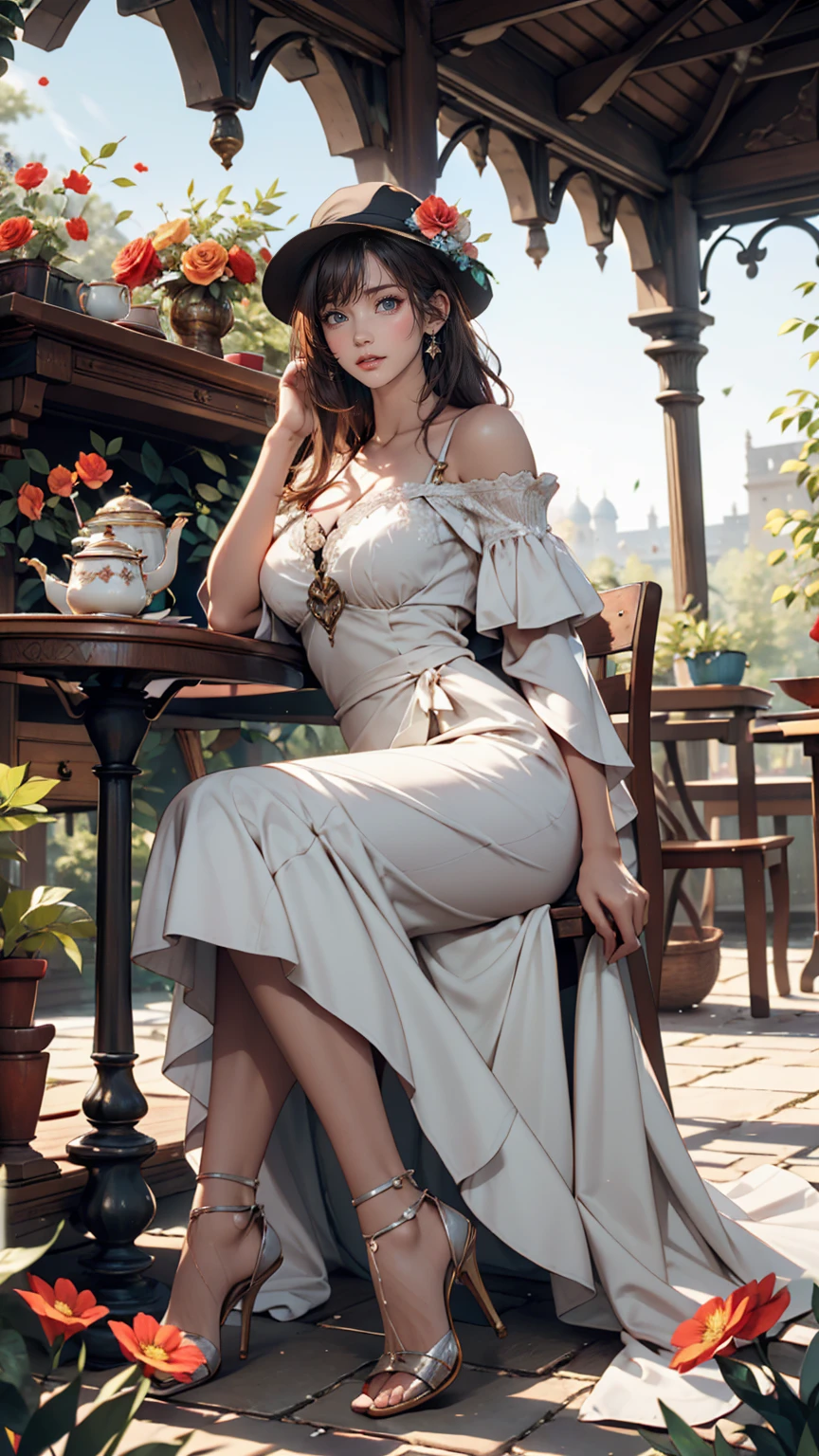 24 year old Caucasian female、Sexy proportions、Sexy、smile、smile、happiness、Flower-filled palace gardens、Tables and chairs on the lawn、A complete English tea set is placed on the table.、Sit in a chair and enjoy afternoon tea time、Wear an off-the-shoulder dress、Wear stiletto heels、The brim is wide and decorated with flowers.(Used by nobles)Wear your hat at an angle、Cowboy Shot