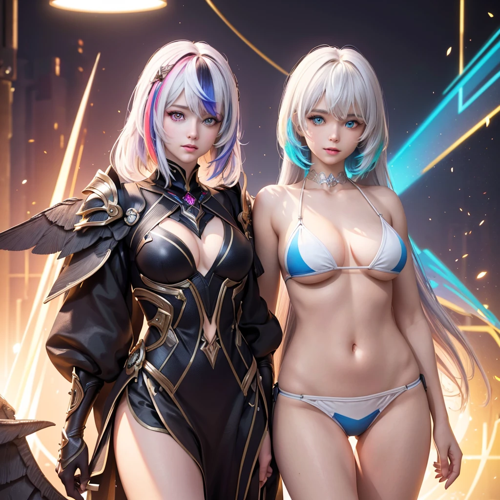 {{masterpiece}}, best quality, extremely detailed CG unity 8k wallpaper, cinematic lighting, lens flare, beautiful detail eyes, black,  side glance,  multicolor short white hair, colorful light, particles, heterochromia, (colorful:1.5), (colorful hair:1.5),  bikini, bikini armor, wings on back,