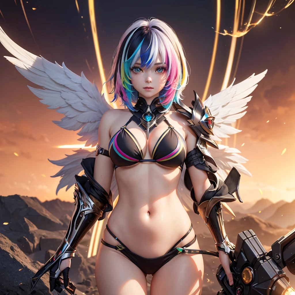 {{masterpiece}}, best quality, extremely detailed CG unity 8k wallpaper, cinematic lighting, lens flare, beautiful detail eyes, black, side glance, multicolor short white hair, colorful light, particles, heterochromia, (colorful:1.5), (colorful hair:1.5), Sexy bikini, bikini armor, wings on back,