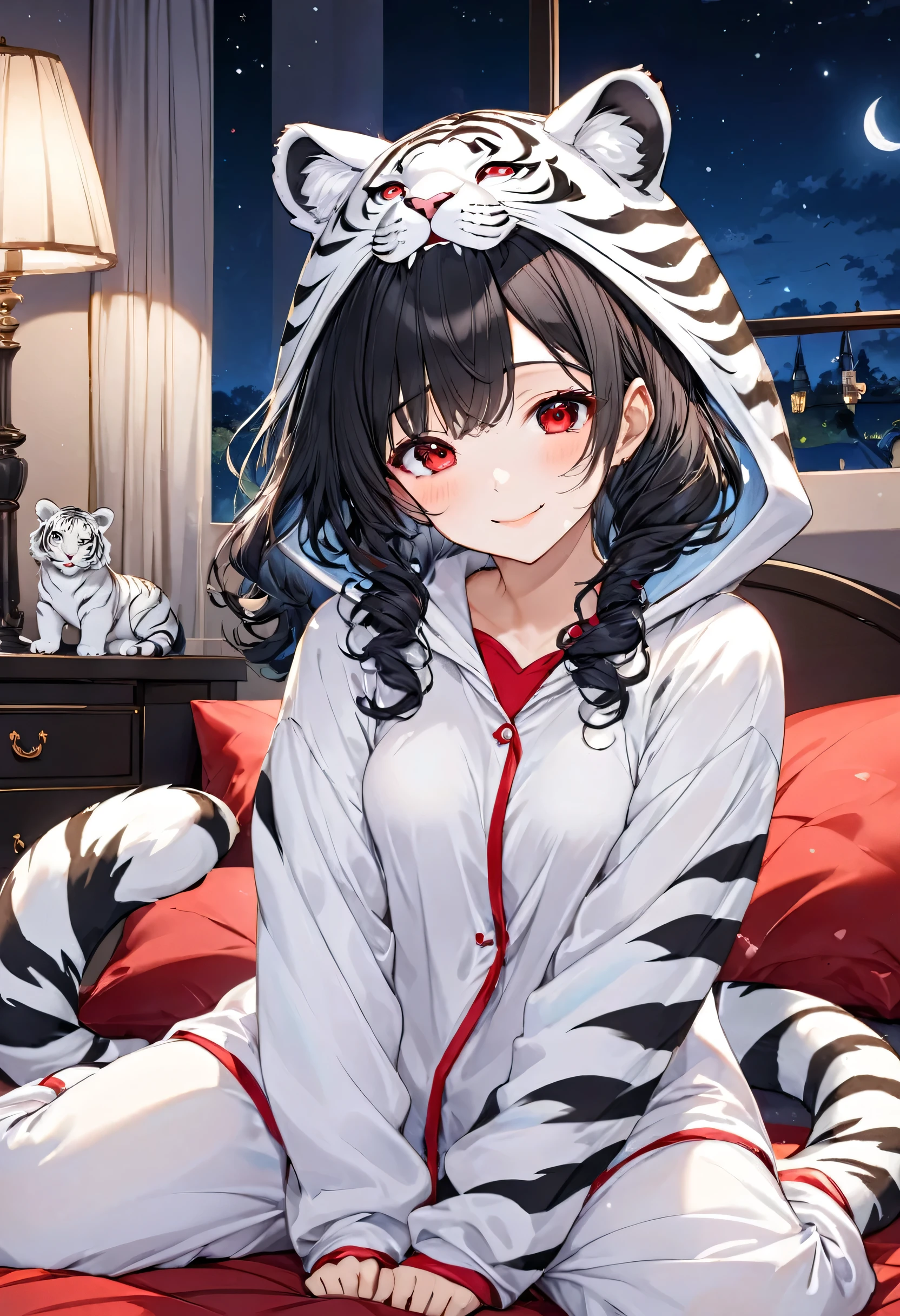 (Kigurumi pajamas style) (15 yo, solo curly:1.3 black hair long hair sexy girl, detailed red eyes, love smile, medium tits), (in a white tiger hooded, white tiger kigurumi), break, in the lovely bedroom of night, BREAK, masterpiece, best quality, 16k, beautiful detailed night, daydreaming expression.
