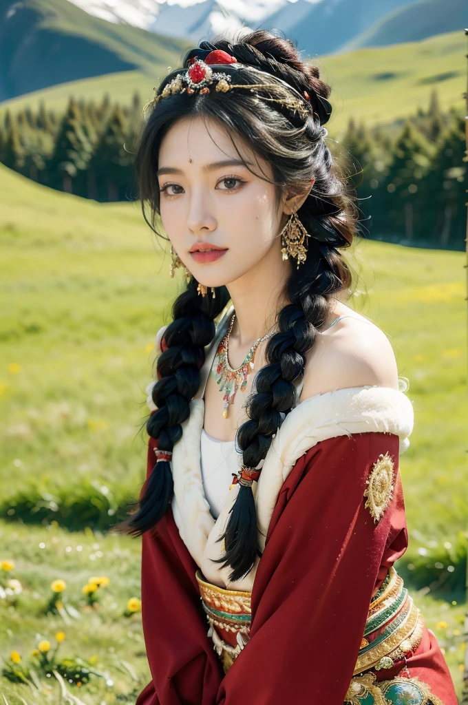 (((best quality))),(((ultra detailed))),(((masterpiece))),illustration,a beautiful Tibetan girl,solo,slim,earrings,necklace,flat chest,Plush hat,parted red lips,snow-capped plateau,magnificent red traditional outfit,radiant smile,Standing by the roadside,vast verdant grasslands,majestic snow-capped peaks,striking appearance,dark almond-shaped eyes,sparkling with joy,long flowing black hair,intricate braids,colorful beads,jewelries,intricately woven ribbons,red rob embroidered with golden threads,Tibetan culture,lush green grasslands,serene ambiance,sheep and yaks grazing,crisp air,invigorating scent of the highland,beauty and resilience,pure bliss,upper body