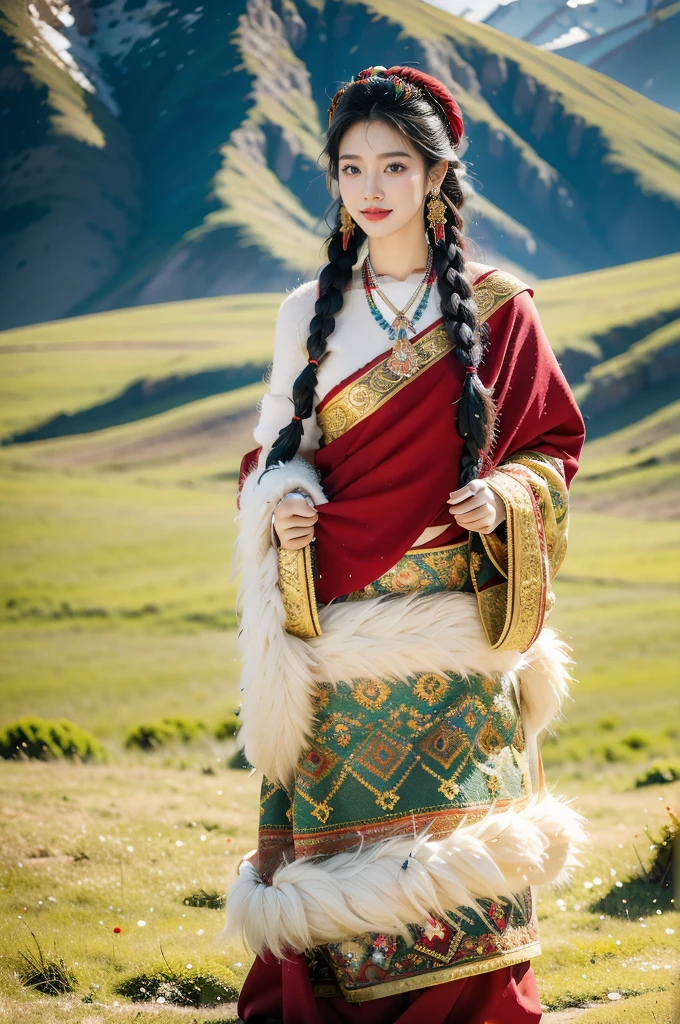 (((best quality))),(((ultra detailed))),(((masterpiece))),illustration,a beautiful Tibetan girl,solo,slim,earrings,necklace,flat chest,Plush hat,parted red lips,snow-capped plateau,magnificent red traditional outfit,radiant smile,Standing by the roadside,vast verdant grasslands,majestic snow-capped peaks,striking appearance,dark almond-shaped eyes,sparkling with joy,long flowing black hair,intricate braids,colorful beads,jewelries,intricately woven ribbons,red rob embroidered with golden threads,Tibetan culture,lush green grasslands,serene ambiance,sheep and yaks grazing,crisp air,invigorating scent of the highland,beauty and resilience,pure bliss,upper body