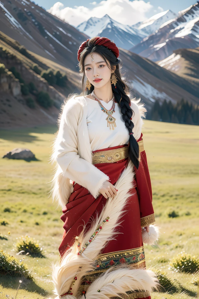 (((best quality))),(((ultra detailed))),(((masterpiece))),illustration,a beautiful Tibetan girl,solo,slim,earrings,necklace,flat chest,Plush hat,parted red lips,snow-capped plateau,magnificent red traditional outfit,radiant smile,Standing by the roadside,vast verdant grasslands,majestic snow-capped peaks,striking appearance,dark almond-shaped eyes,sparkling with joy,long flowing black hair,intricate braids,colorful beads,jewelries,intricately woven ribbons,red rob embroidered with golden threads,Tibetan culture,lush green grasslands,serene ambiance,sheep and yaks grazing,crisp air,invigorating scent of the highland,beauty and resilience,pure bliss,upper body