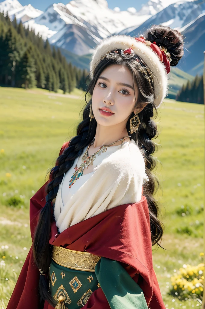 (((best quality))),(((ultra detailed))),(((masterpiece))),illustration,a beautiful Tibetan girl,solo,slim,earrings,necklace,flat chest,Plush hat,parted red lips,snow-capped plateau,magnificent red traditional outfit,radiant smile,Standing by the roadside,vast verdant grasslands,majestic snow-capped peaks,striking appearance,dark almond-shaped eyes,sparkling with joy,long flowing black hair,intricate braids,colorful beads,jewelries,intricately woven ribbons,red rob embroidered with golden threads,Tibetan culture,lush green grasslands,serene ambiance,sheep and yaks grazing,crisp air,invigorating scent of the highland,beauty and resilience,pure bliss,upper body