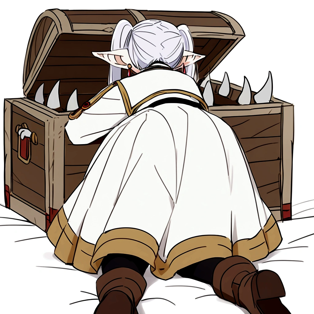 nereirfpnxl, frieren, pointy ears, 1girl, twintails, white hair, black pantyhose, boots, brown footwear, white jacket, white skirt, (all fours), from behind, mimic chest made of wood, The lid of the box is like a mouth, so many fangs in the mouth of the box, fangs up and down, 