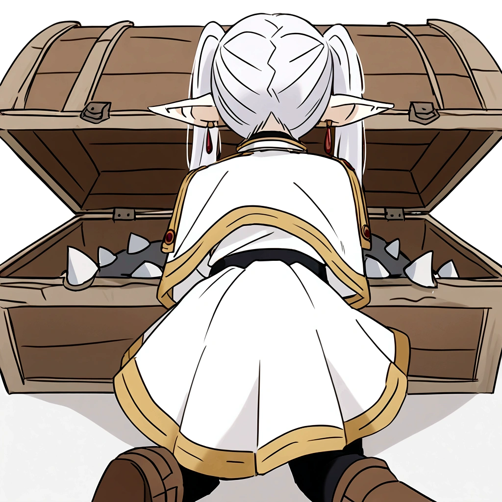 nereirfpnxl, frieren, pointy ears, 1girl, twintails, white hair, black pantyhose, boots, brown footwear, white jacket, white skirt, (all fours), from behind, mimic chest made of wood, The lid of the box is like a mouth, so many fangs in the mouth of the box, fangs up and down, 