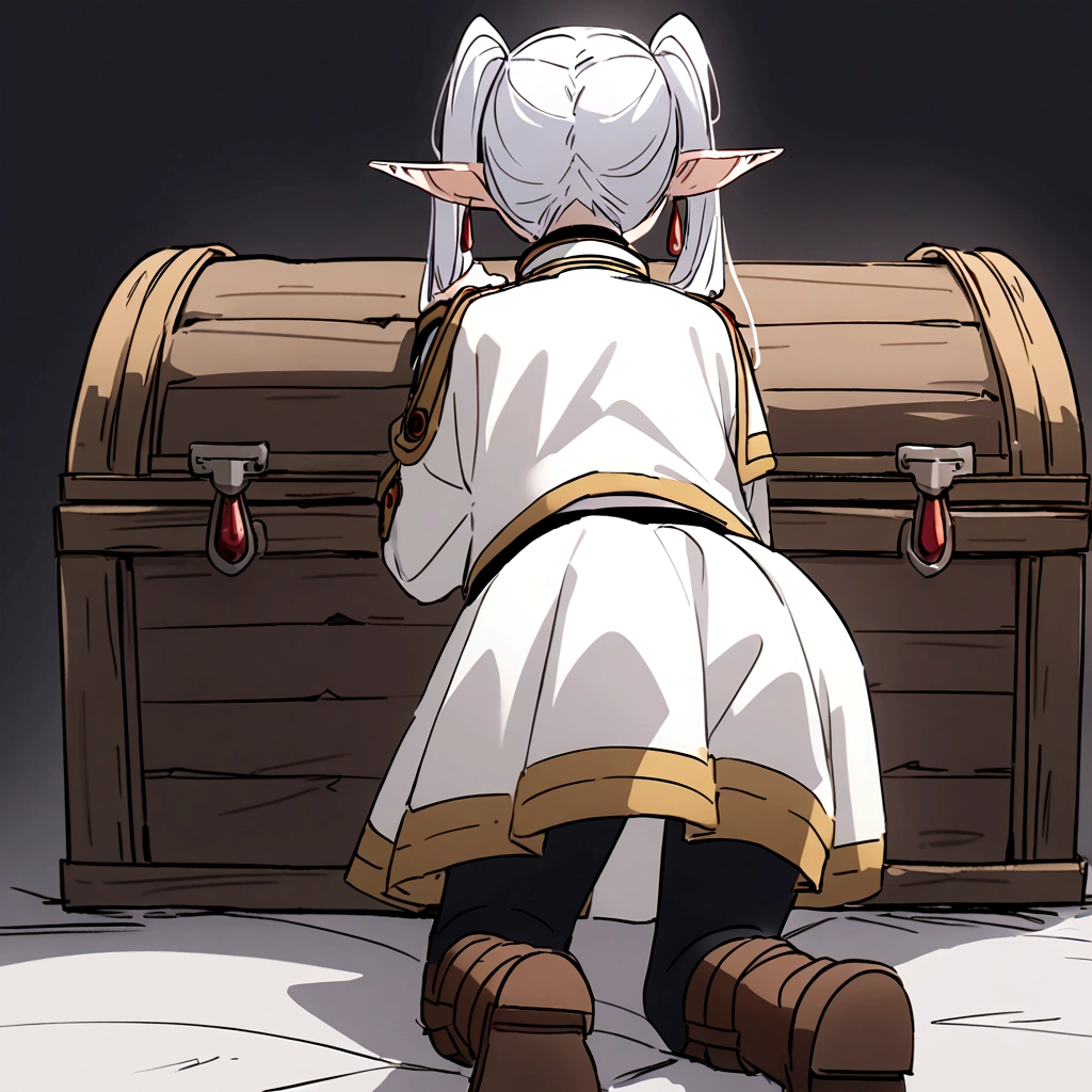 nereirfpnxl, frieren, pointy ears, 1girl, twintails, white hair, black pantyhose, boots, brown footwear, white jacket, white skirt, (all fours), from behind, mimic chest made of wood, The lid of the box is like a mouth, so many fangs in the mouth of the box, fangs up and down, 