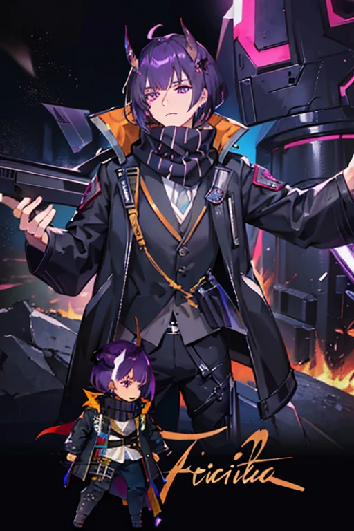 (masterpiece), best quality, solo, arknights design, arknights character, arknights style, arknights operator, black fading to purple hair, male, guy, short hair, guy, hair between eyes, dead inside, tired eyes, (horns on forehead, oni horns, long oni horns), (dark purple eyes), (high-collared dark tactical jacket, purple accents, rugged jacket), arknights clothing, tactical pants with ammunition, reinforced boots, (dark scarf, silver accents in scarf, dark gray scarf), higashi, japanese, dynamic pose, posing