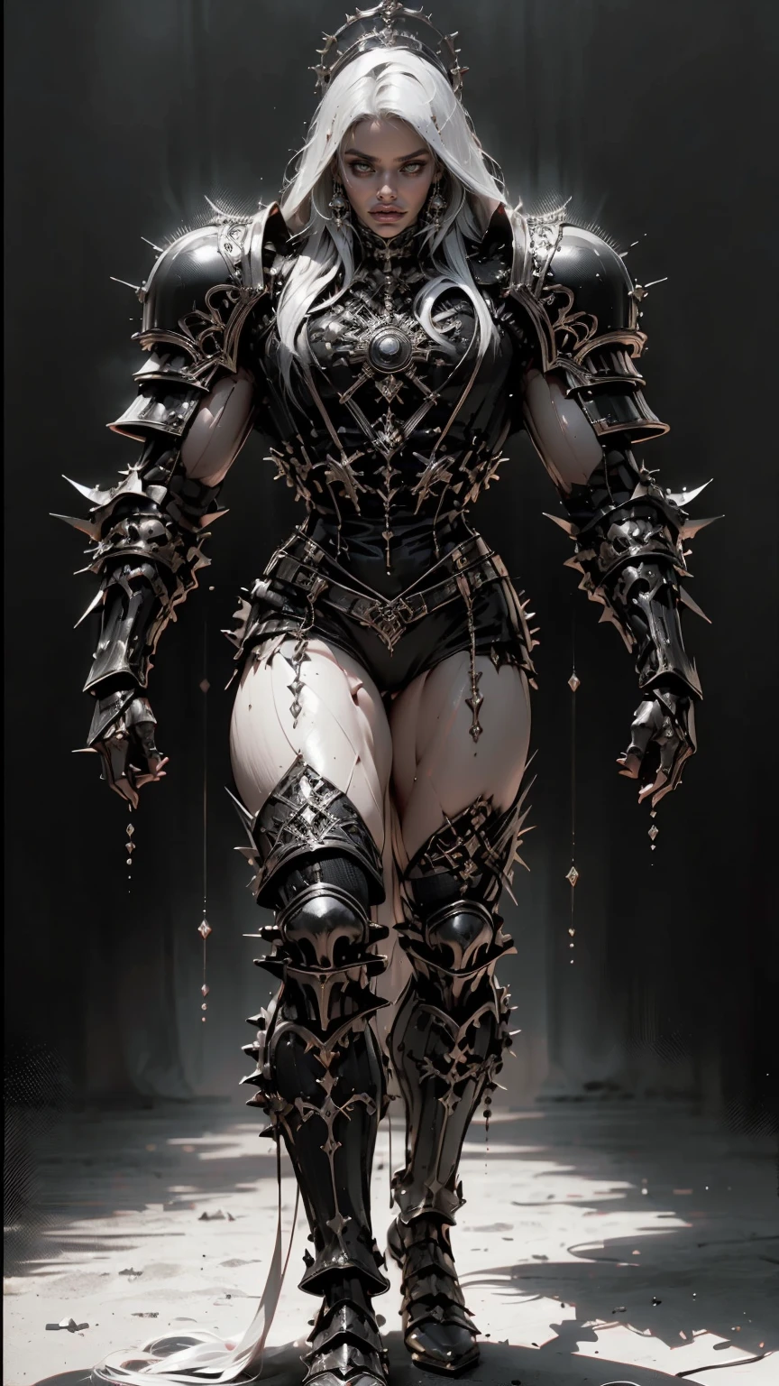 (masterpiece:1.1), (best quality:1.1), (ornate:1.1), (monochrome:1.3), (black and white:1.3), BREAK, (horror:1.0), (esoteric:1.1), (solo:1.4), (dynamic angle:1.0), (cowboy shot:1.0), (woman:1.1),(very muscular bodybuilder girl:1.25), (huge upper body:1.25), (narrow hips:1.0), long hair, (gothic intricate vampiric armor:1.25), ((full body front view)), (gauntlets:1.0), (shoulder armor:1.1), ((tarot style frame))
