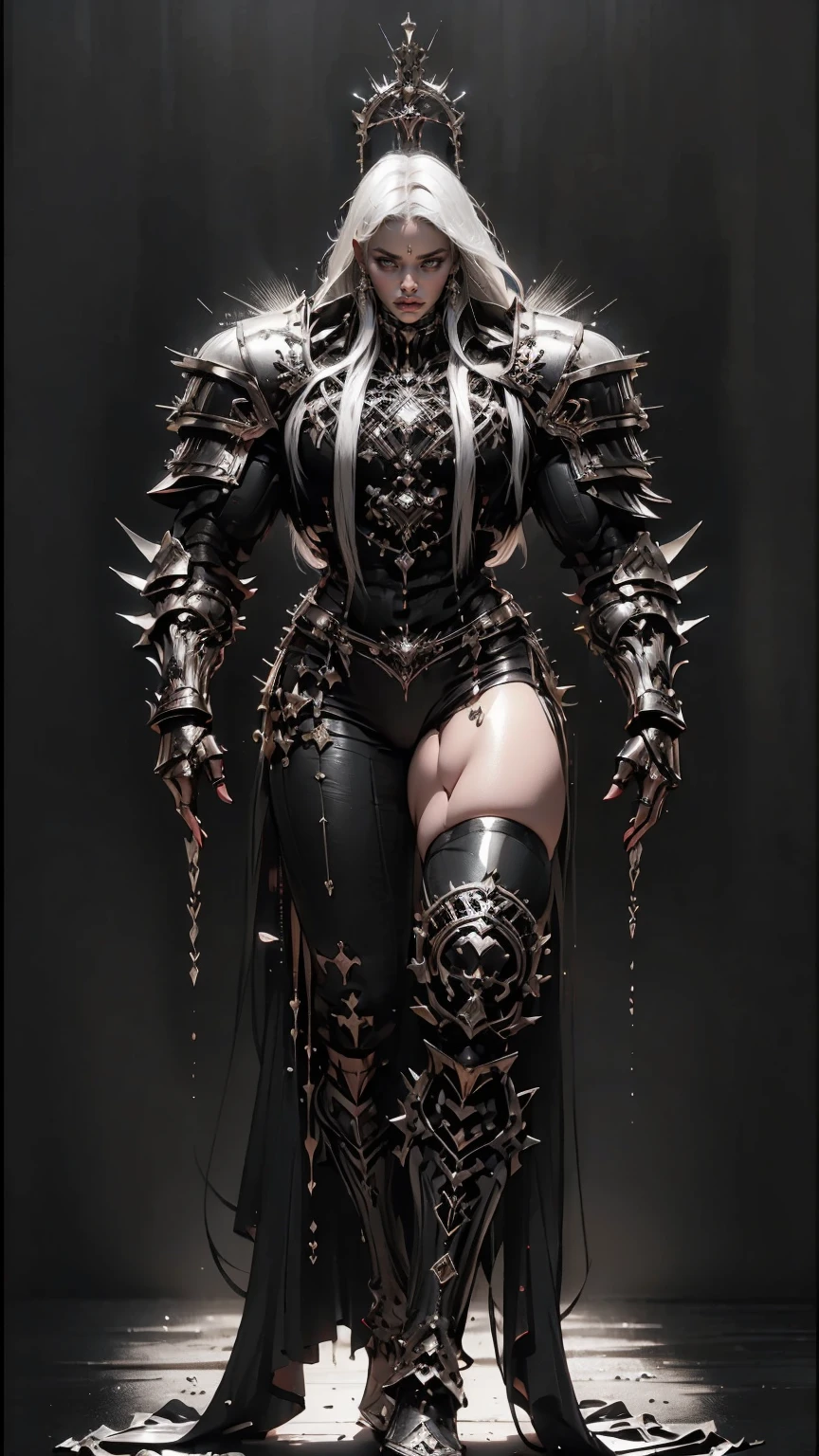 (masterpiece:1.1), (best quality:1.1), (ornate:1.1), (monochrome:1.3), (black and white:1.3), BREAK, (horror:1.0), (esoteric:1.1), (solo:1.4), (dynamic angle:1.0), (cowboy shot:1.0), (woman:1.1),(very muscular bodybuilder girl:1.25), (huge upper body:1.25), (narrow hips:1.0), long hair, (gothic intricate vampiric armor:1.25), ((full body front view)), (gauntlets:1.0), (shoulder armor:1.1), ((tarot style frame))