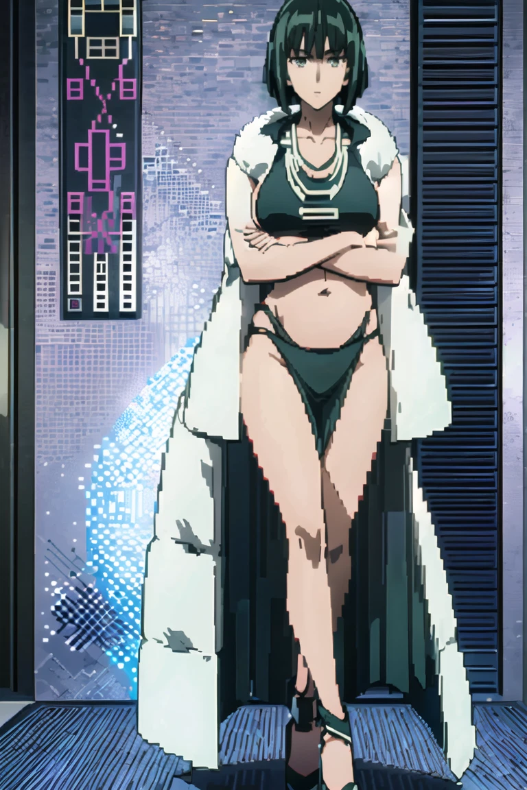 (((pixel-perfect, detail-perfect))), solo, 1girl, fubuki, fur coat, collared dress, collarbone, necklace, looking at viewer, closed mouth((( sexy pose arms above)))(( long belly)) height 198 cm (((world's perfect shape body))) age 35