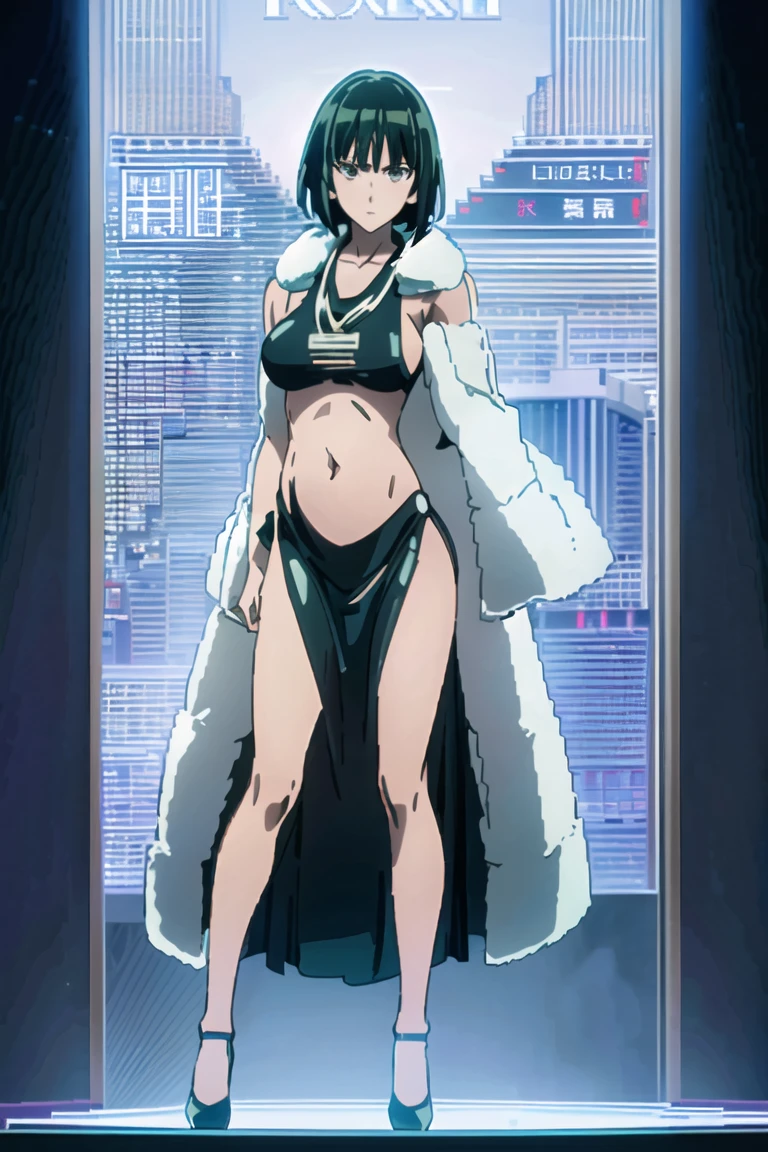 (((pixel-perfect, detail-perfect))), solo, 1girl, fubuki, fur coat, collared dress, collarbone, necklace, looking at viewer, closed mouth((( sexy pose arms above)))(( long belly)) height 198 cm (((world's perfect shape body))) age 35