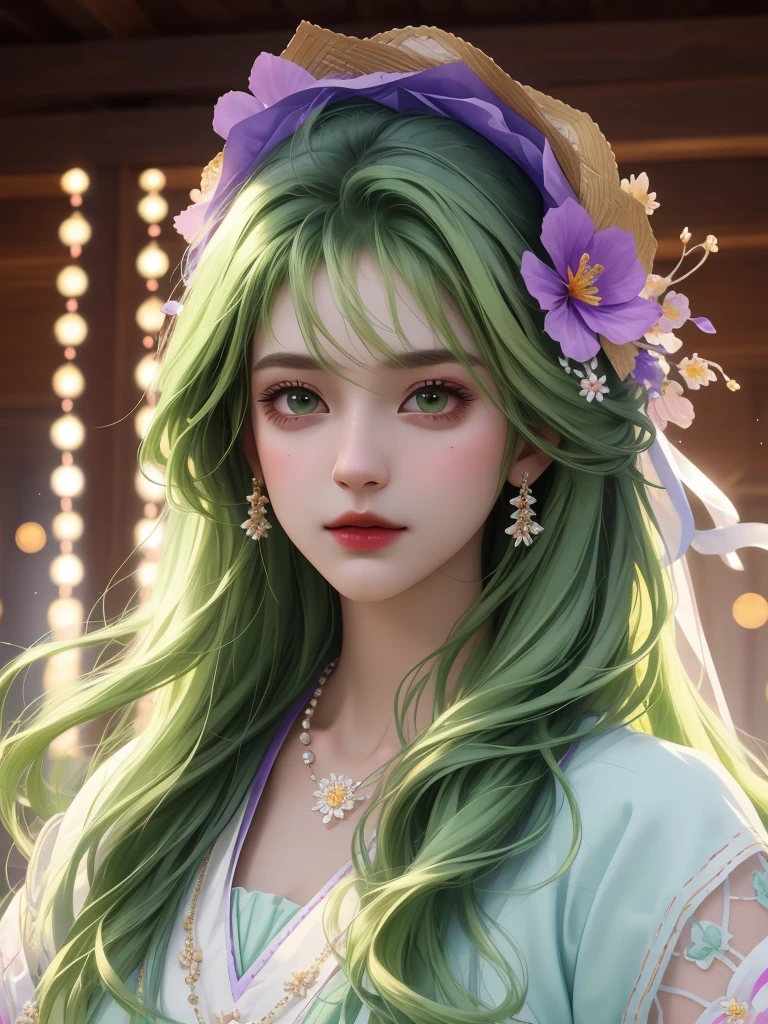 best quality, masterpiece, High target, There is a girl with a basket of flowers on her head, beautiful clothes, Hair Decorationss, necklace, Decorations, Pretty Face, When the body, Tyndall effect, Realistic Portraits, Edge lighting, Two-color light, (Very delicate skin:1.2), 8K uhd, Digital SLR Camera, Soft Light, high quality, Volumetric Lighting, Honest, photo, high resolution, 4K, 8K, Bokeh, Dark green hair,purple hair ends,.