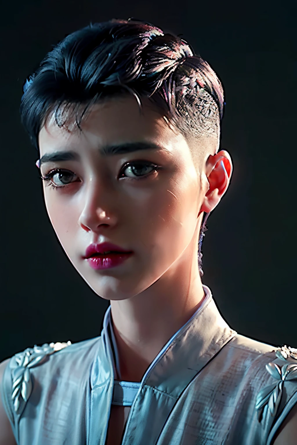 30-year-old woman with、(hi-top fade:1.3)、length hair、Dark theme、Soothing tones、Subdued Color、highly contrast、(natural skin textures、Hyper-Realism、Soft light、sharp)、​masterpiece, top-quality, hightquality, hight resolution