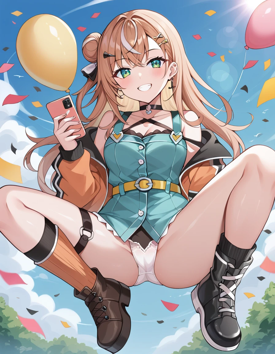 score_9, score_8_superior, score_7_superior, sauce_anime, evaluation_Safety, BREAK igarashi rika, One girl, inirtual youtuber, Green Eyes, Striped Hair, Brown Hair, Single hair bun, One-sided bun, Long Hair, hair ornaments, Hair Clip, Earrings, Black Choker, , Orange jacket, puffy long sleeines, Blue clothes, sleeineless  the shoulder, Frill dress, Black Dress, Cross Strap, Yellow Belt, Asymmetrical legwear, Black knee socks, Orange socks, Checkered socks, boots, floating, floating hair, in, Grin, Dutch Angle, Have a phone, balloon, Confetti, Shine, blue sky, cloud, sunlight, Lens flare, BREAK, Spread your , Showing off your , White cotton 