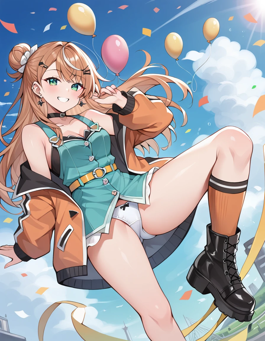score_9, score_8_superior, score_7_superior, sauce_anime, evaluation_Safety, BREAK igarashi rika, One girl, inirtual youtuber, Green Eyes, Striped Hair, Brown Hair, Single hair bun, One-sided bun, Long Hair, hair ornaments, Hair Clip, Earrings, Black Choker, , Orange jacket, puffy long sleeines, Blue clothes, sleeineless  the shoulder, Frill dress, Black Dress, Cross Strap, Yellow Belt, Asymmetrical legwear, Black knee socks, Orange socks, Checkered socks, boots, floating, floating hair, in, Grin, Dutch Angle, Have a phone, balloon, Confetti, Shine, blue sky, cloud, sunlight, Lens flare, BREAK, Spread your , Showing off your , White cotton 