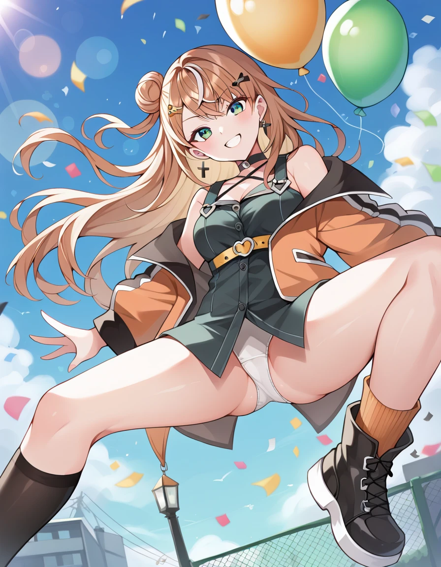 score_9, score_8_superior, score_7_superior, sauce_anime, evaluation_Safety, BREAK igarashi rika, One girl, inirtual youtuber, Green Eyes, Striped Hair, Brown Hair, Single hair bun, One-sided bun, Long Hair, hair ornaments, Hair Clip, Earrings, Black Choker, Open jacket, Orange jacket, puffy long sleeines, Blue clothes, sleeineless dress, Off the shoulder, Frill dress, Black Dress, Cross Strap, Yellow Belt, Asymmetrical legwear, Black knee socks, Orange socks, Checkered socks, boots, floating, floating hair, in, Grin, Dutch Angle, Have a phone, balloon, Confetti, Shine, blue sky, cloud, sunlight, Lens flare, BREAK, Spread your legs wide, Showing off your underwear, White cotton panties