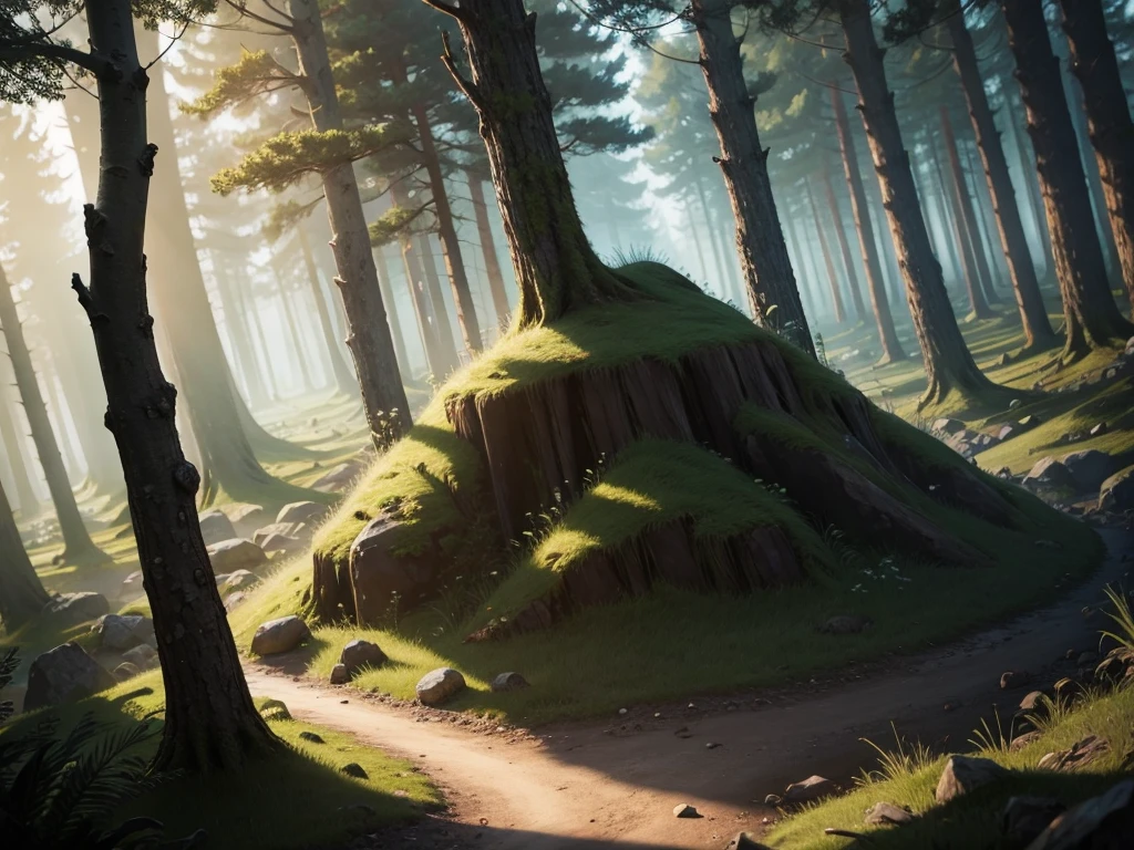 Gaming fantasy background, light mysterious forest. Slight blur