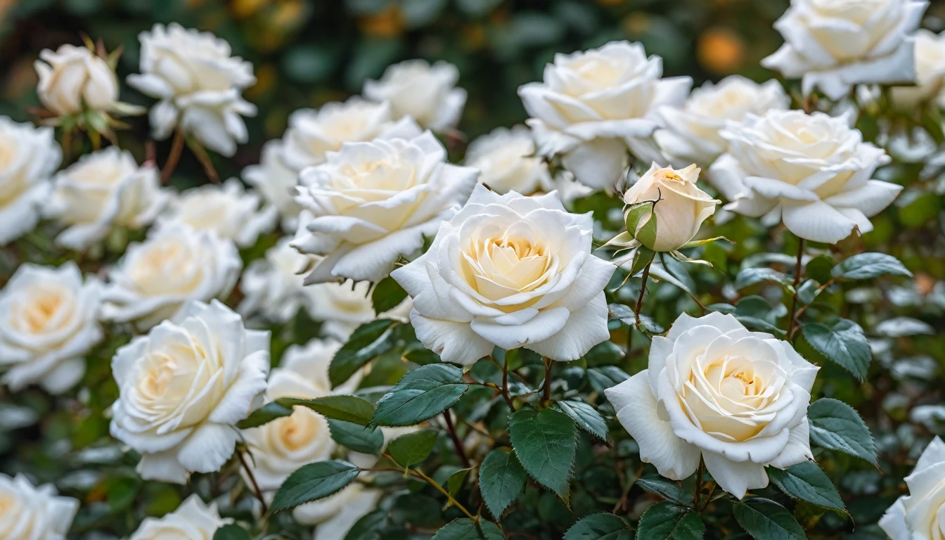 shot by sony a7iv lens 80mm f1.8, Many white rose flowers in the autumn, (masterpiece, ultra quality, high resolution, 8k, intricate: 1.2), (masterpiece), (best quality:1)