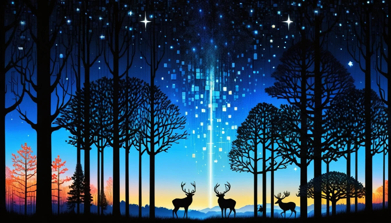 As night deepens、Magical blue light illuminates the vibrant starry sky、A mysterious forest made of RAL-3D cubes appears。Tall tree々Standing in the tranquil light、Bright fireflies twinkle on its trunk。Brightly colored birds flutter on the branches。The clear stars shine in the sky、The light is々and animals in a mysterious light。Immerse yourself in this enchanting forest、A sense of unity with nature and a sense of peaceful comfort fill the air.。