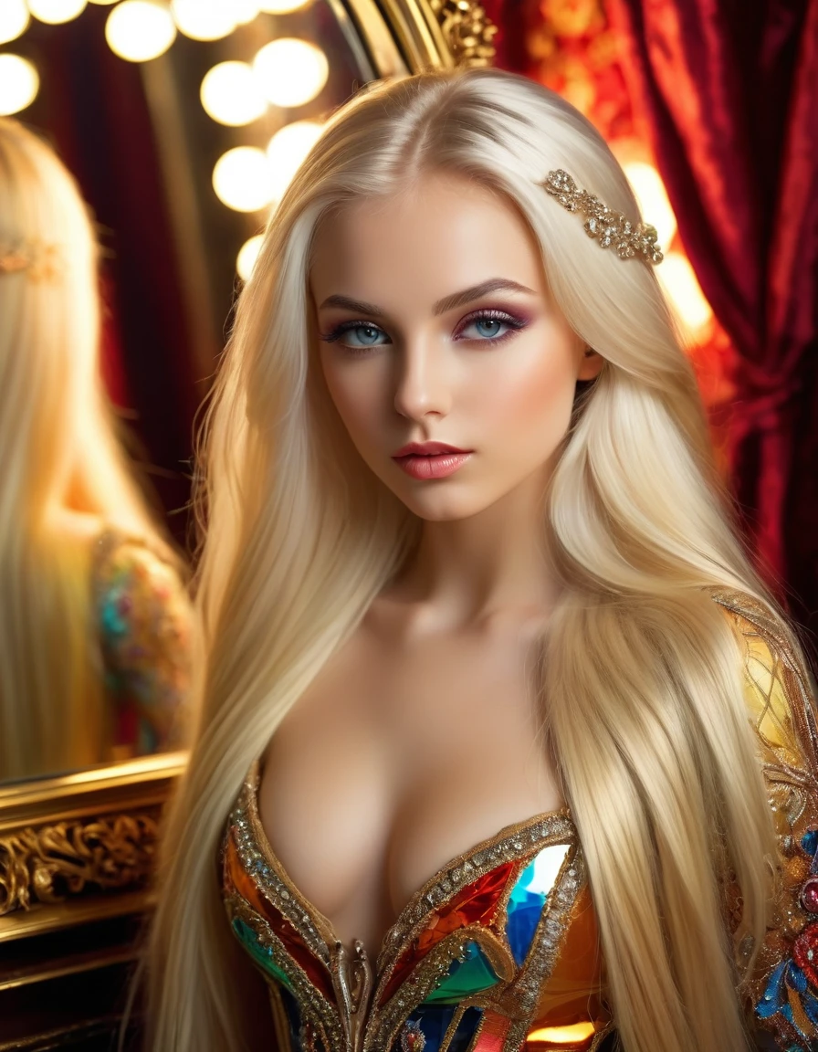 very attractive 25 year old caucasian girl with long platinum blonde hair, best quality, ultra-detailed, extreme detail description, realistic, vivid colors, portrait:1.2, fine art, sexy pose, mirror room, alluring atmosphere, elegant costume, enchanting expression, alluring gaze, surreal lighting, dreamlike color palette, very realistic