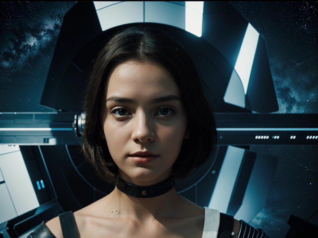masterpiece, best quality, 1girl, space thriller movie poster, Bauhaus, shapes, lines, abstract