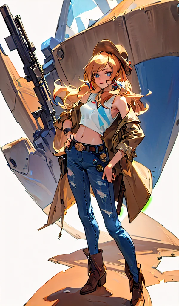 5 point perspective, 1 girl, masterpiece, macross delta splash art,  best quality, white tank top, midriff, short blue jeans, small breasts, cowboy hat, gun holster on hip, highly detailed gun, realistic gun, Colt Peacemaker in hand, gun aimed forward, sheriff badge, bullets on belt, brown leather duster, leather overcoat, detailed eyes, sparkling eyes, beautiful hands, highly detailed hands, straight hands, shiny skin, shiny hair, blue eyes, light blonde hair, tall, long hair, straight hair, full body, American flag