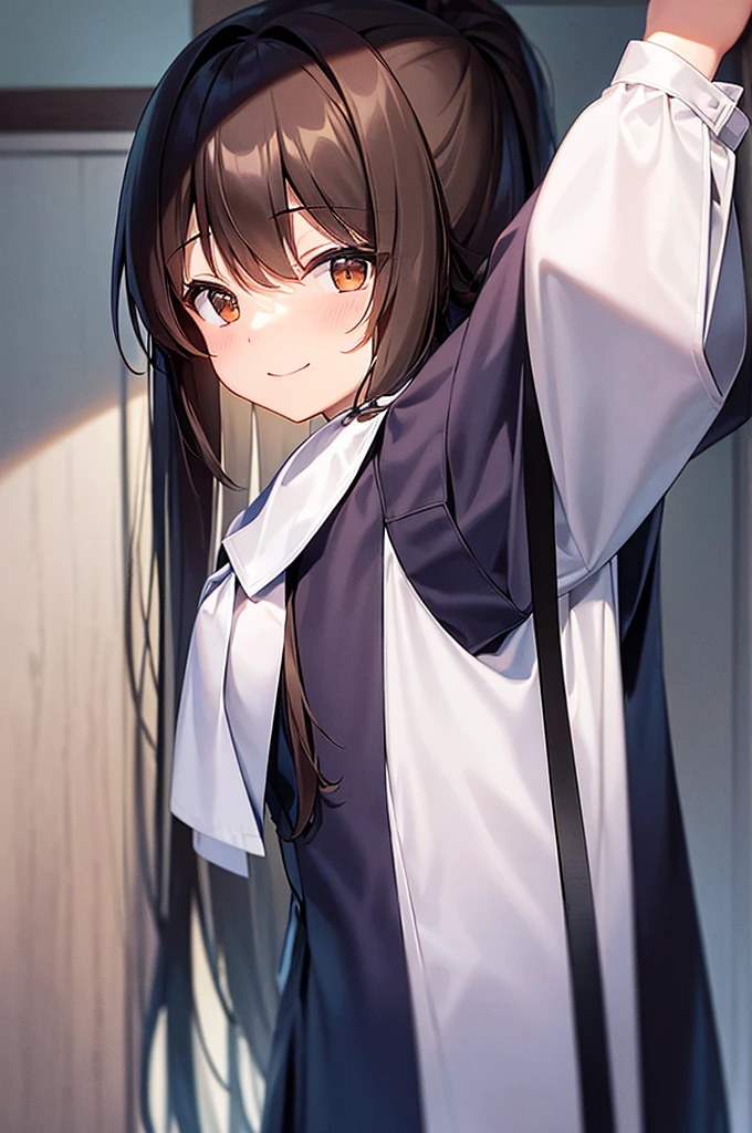 Please draw a high school girl with long brown hair.。The whole body is facing forward and smiling.。Wearing a uniform。Please make sure to capture the entire body from the head up。Please make sure your head does not get cut off from the screen.。No pose needed。Plain background、Remove light and shadow effects。Please leave some empty space at the top of the screen。