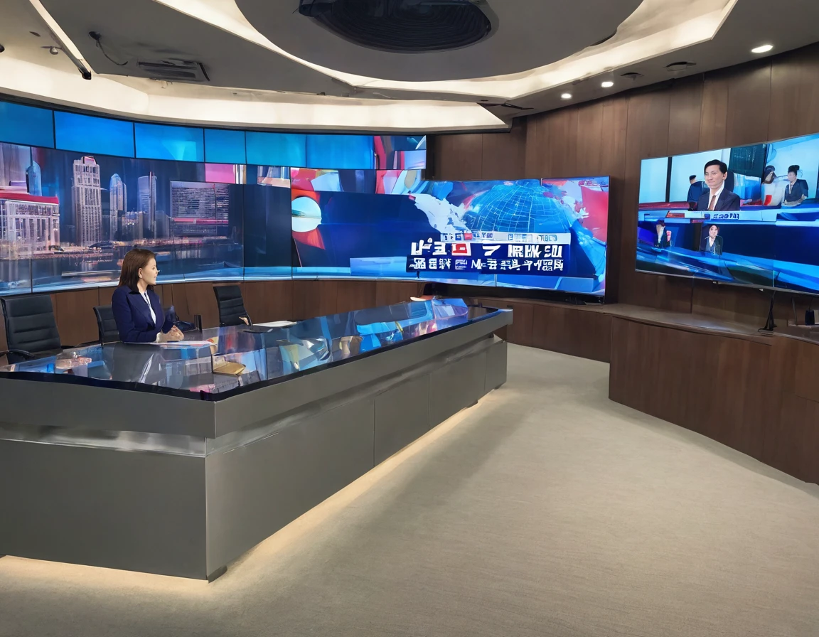 The news anchor is talking,There is a large monitor behind the news anchor.