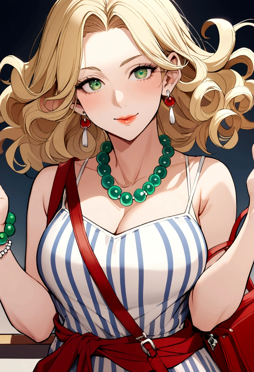 40 year old woman, curly blonde hair to waist, green eyes, blue and white striped spaghetti strap dress, white earrings, red bag, jade bracelet, red bead necklace