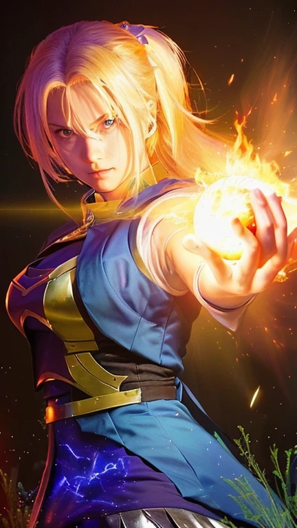 girl with a glowing ball in her hand, alicization, android 18, she has fire powers, artoria pendragon, fate/zero, vibrant fan art, an epic  of a energy man, lighting, female protagonist 👀 :8, fate zero, the sorceress casting a fireball, blue fire powers, style like fate/stay night