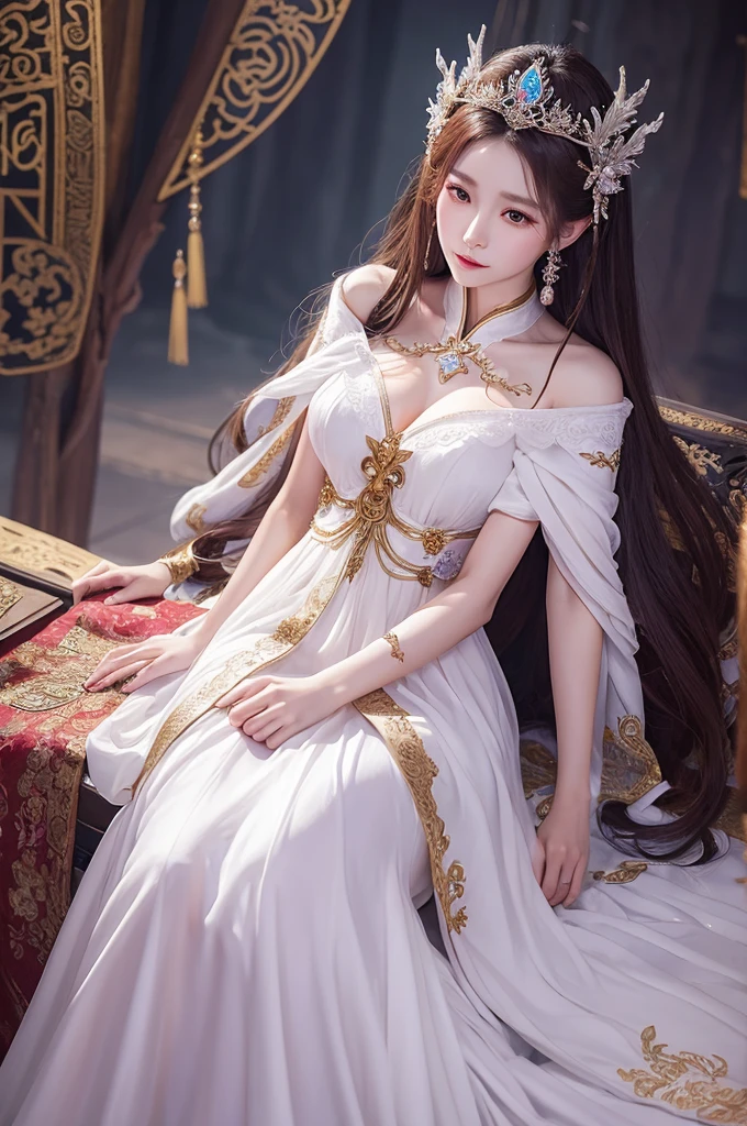There is a woman wearing a white dress and a tie, Beautiful Fantasy Empress, ((Beautiful Fantasy Empress)), Beautiful and elegant elven queen, Inspired by Run In, Beautiful fantasy maiden, Beautiful character drawings, Fantasy art style, Beautiful maiden, Inspired by Shim Sa-jeong, palace ， Girl in Hanfu, Ancient Chinese Princess