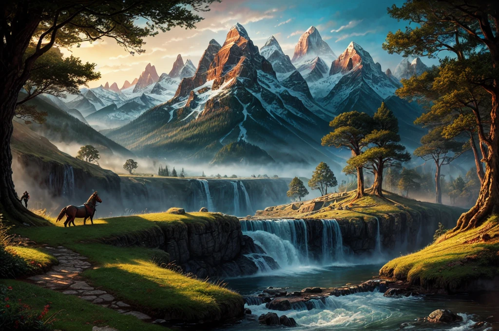 inspiré de Tolkien,À la manière de John Howe,detailed fantasy landscape,enchanted forests,majestic mountains,epic battles,dangerous dungeons,magical creatures,highly detailed armor,best quality,4k,8k,highres,masterpiece:1.2,ultra-detailed,realistic,photorealistic,photo-realistic:1.37,HDR,UHD,studio lighting,ultra-fine painting,sharp focus,physically-based rendering,extreme detail description,professional,vivid colors,bokeh,fantasy art