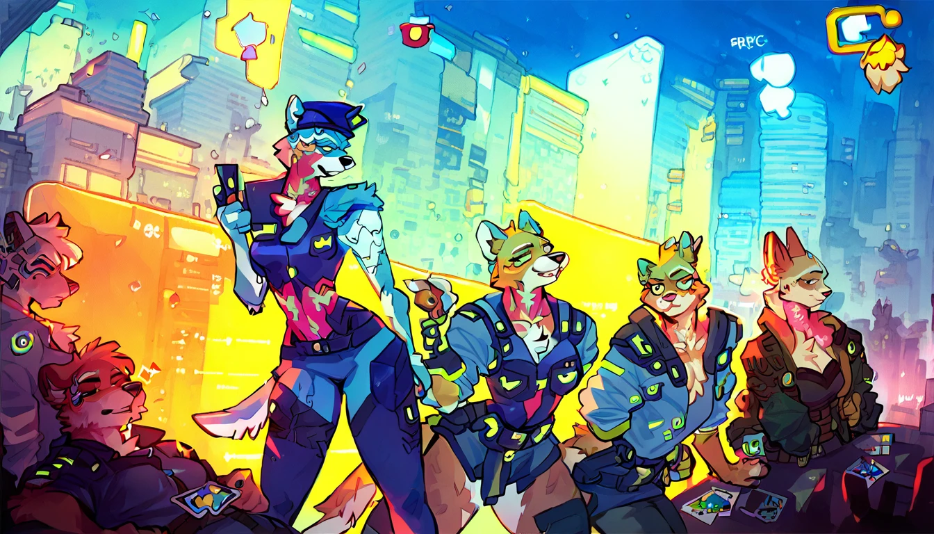 score_9, score_8_up, score_7_up, (cyberpunk city, police office, building on background:1.5),
furry [tiger, wolf, cat, bear, sheep, bunny:1.5], anthro, group, group photo, police crew, (viewfinder, photocard:1.35), (posing:1.2), ((wearing police uniform, police crew)), ((furry)), beautiful detailed faces,
