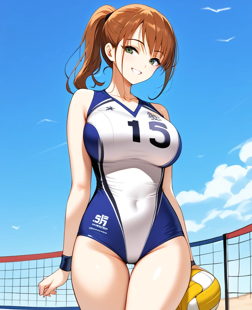 1girl, ultra high res, large chest, volleyball suit, thigh, ponytail, smile, tall, solo