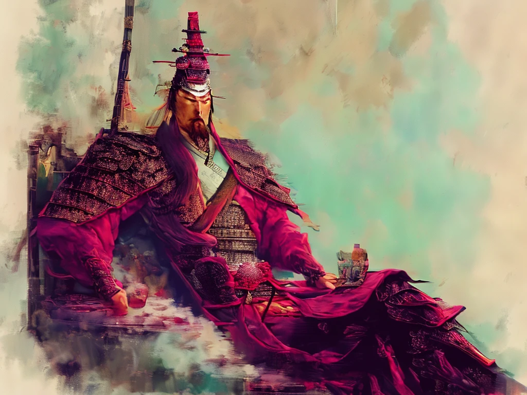 A cunning and strategic portrait of Cao Cao, a warlord from the Three Kingdoms era. He wears a royal robe with dragon patterns, a crown, and has a sharp, intelligent look. He is seated on a throne, holding a fan, surrounded by maps and scrolls.