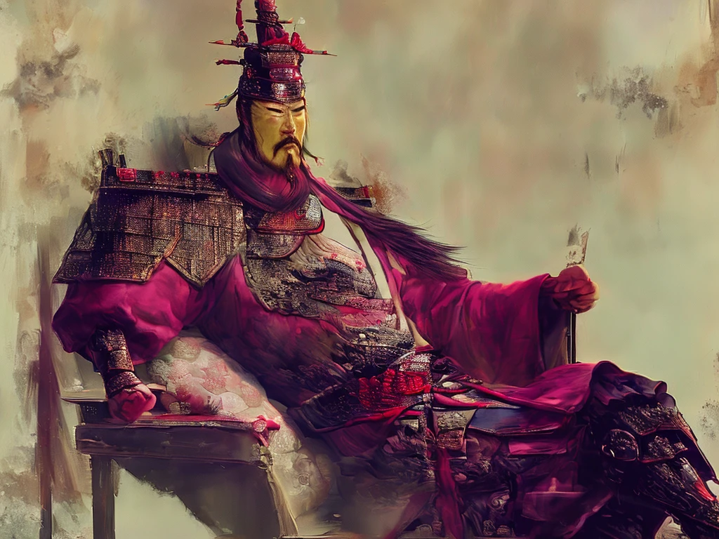 A cunning and strategic portrait of Cao Cao, a warlord from the Three Kingdoms era. He wears a royal robe with dragon patterns, a crown, and has a sharp, intelligent look. He is seated on a throne, holding a fan, surrounded by maps and scrolls.