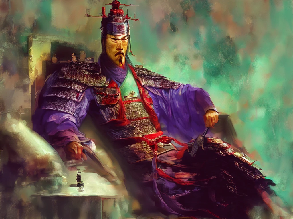 A cunning and strategic portrait of Cao Cao, a warlord from the Three Kingdoms era. He wears a royal robe with dragon patterns, a crown, and has a sharp, intelligent look. He is seated on a throne, holding a fan, surrounded by maps and scrolls.