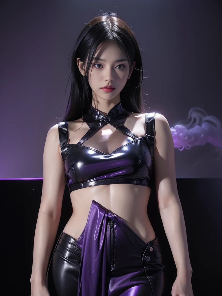 the number seven personified in a backlit woman with neon violet, synthwave, popcore color, mysterious smoke and mirrors, reflective and wet, dynamic composition and dramatic backlighting, highly textured, black, neon violet, neon orange,(detail), (complex), (8k), (HDR), (sharp focus), perfect fingers, high detail , expressiveness, masterpiece, (high detail skin and hair), ((high detail eyes)), (high detail clothing), ,(perfect facial features)