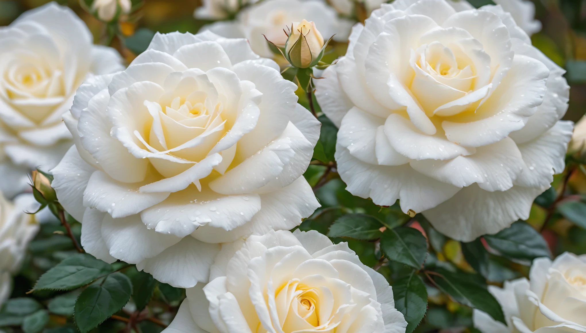 shot by sony a7iv lens 80mm f1.8, Many white rose flowers in the autumn, (masterpiece, ultra quality, high resolution, 8k, intricate: 1.2), (masterpiece), (best quality:1)