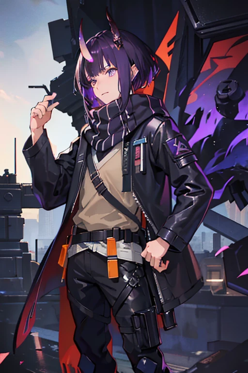 (masterpiece), best quality, solo, arknights design, arknights character, arknights style, arknights operator, black fading to purple hair, male, guy, short hair, guy, hair between eyes, dead inside, tired eyes, (horns on forehead, oni horns, long oni horns), (dark purple eyes), (high-collared dark tactical jacket, purple accents, rugged jacket), arknights clothing, tactical pants with ammunition, reinforced boots, (dark scarf, silver accents in scarf, dark gray scarf), higashi, japanese, dynamic pose, posing