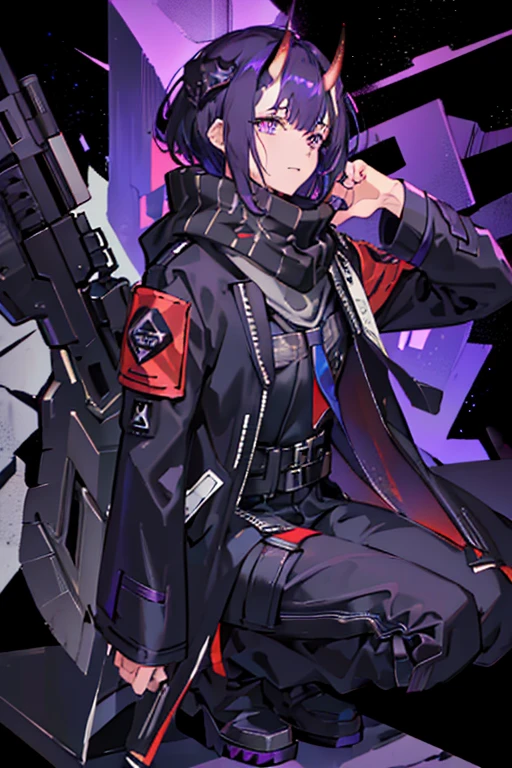 (masterpiece), best quality, solo, arknights design, arknights character, arknights style, arknights operator, black fading to purple hair, male, guy, short hair, guy, hair between eyes, dead inside, tired eyes, (horns on forehead, oni horns, long oni horns), (dark purple eyes), (high-collared dark tactical jacket, purple accents, rugged jacket), arknights clothing, tactical pants with ammunition, reinforced boots, (dark scarf, silver accents in scarf, dark gray scarf), higashi, japanese, dynamic pose, posing