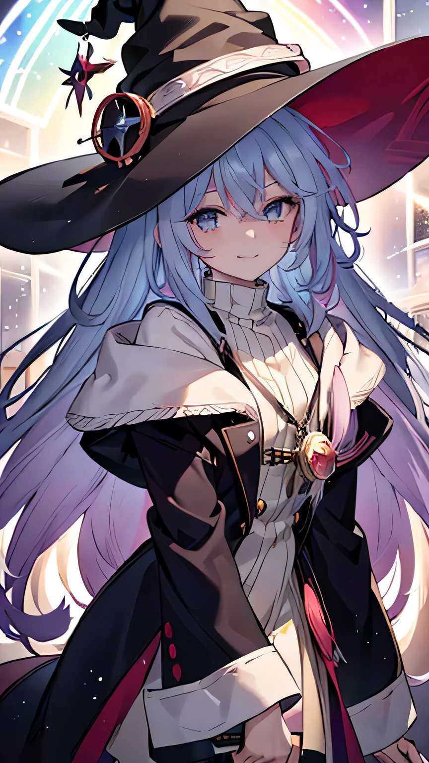 ((rainbow hair)), hair over shoulder, messy hair, hair over eyes, witch hat, wizard hat, grin, bright pupils, happy, anime, cinematic lighting, UHD, ((masterpiece)), super detail, (detailed eyes, detailed face), high quality, highres, high details, Witch with powerful magical light, female wizard, wide-brimmed hat, wizard's staff, wand, A torrent of light, colorful rays intersecting, (Right arm thrust out in front), orange costume, light blue hair, perfect body