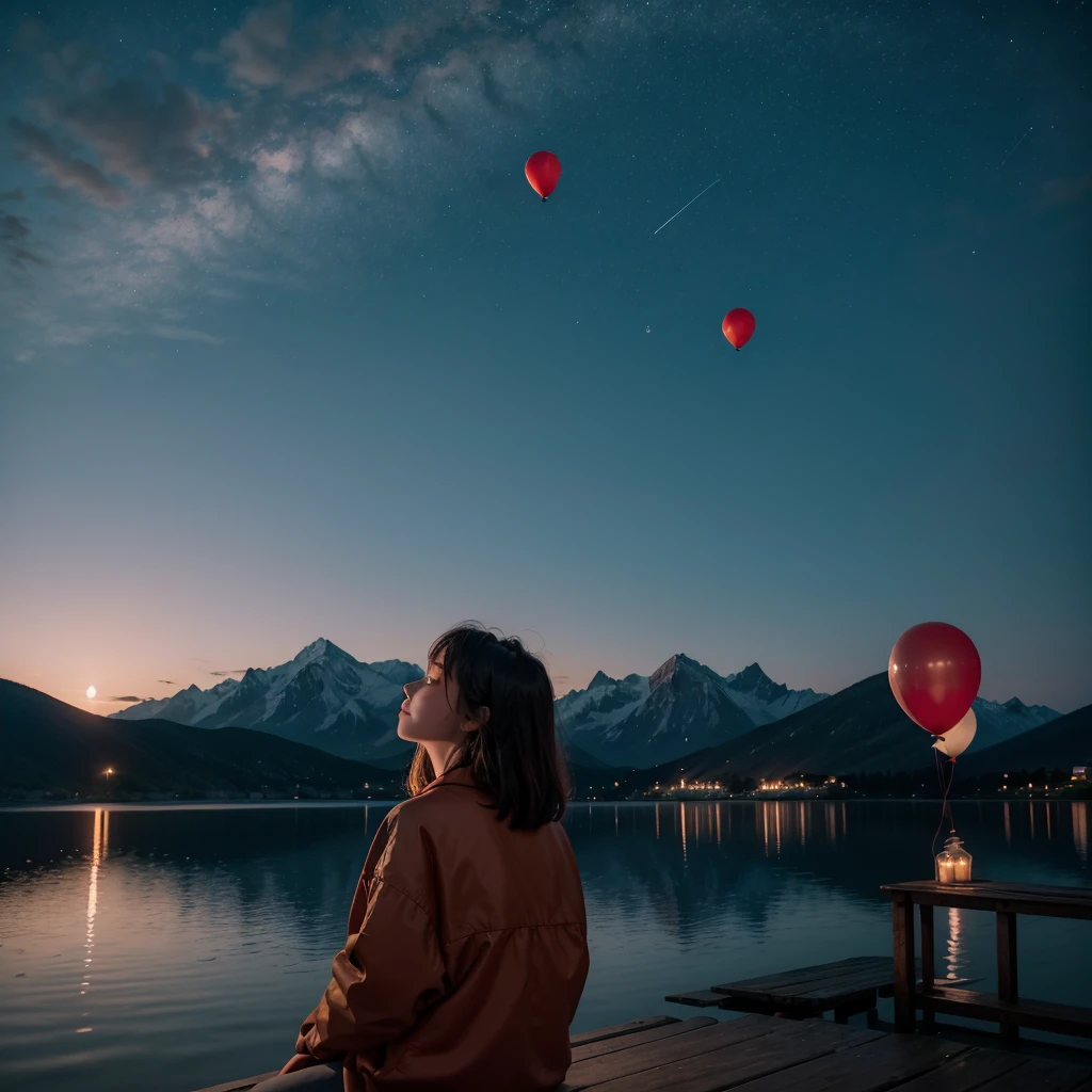 On a dark night, on a lake, in the background a mountain with some white houses and a red roof, with many candle balloons floating in the sky and some above the lake, out of focus a woman looking up at the sky, sitting on the edge of a small dock,