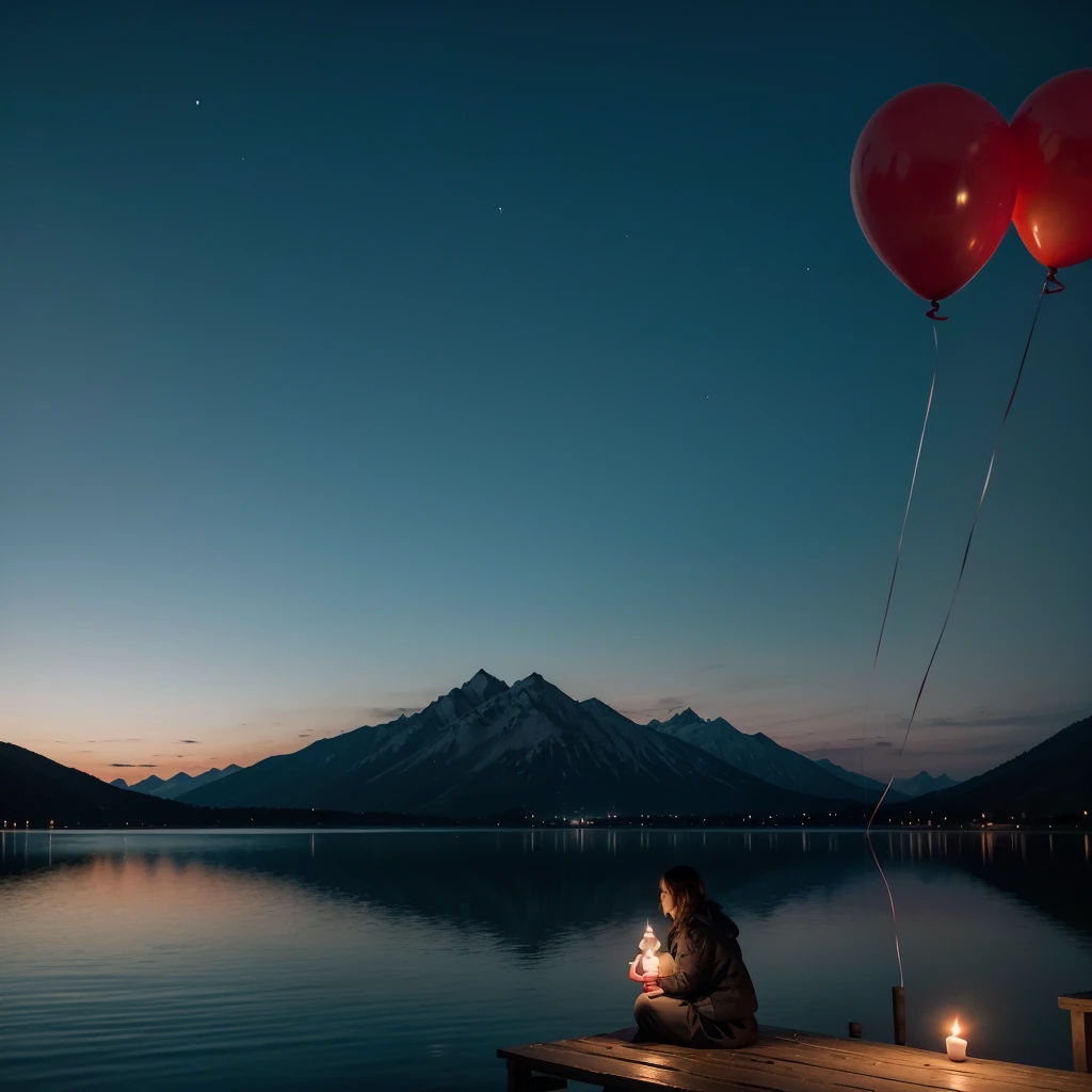 On a dark night, on a lake, in the background a mountain with some white houses and a red roof, with many candle balloons floating in the sky and some above the lake, out of focus a woman looking up at the sky, sitting on the edge of a small dock,