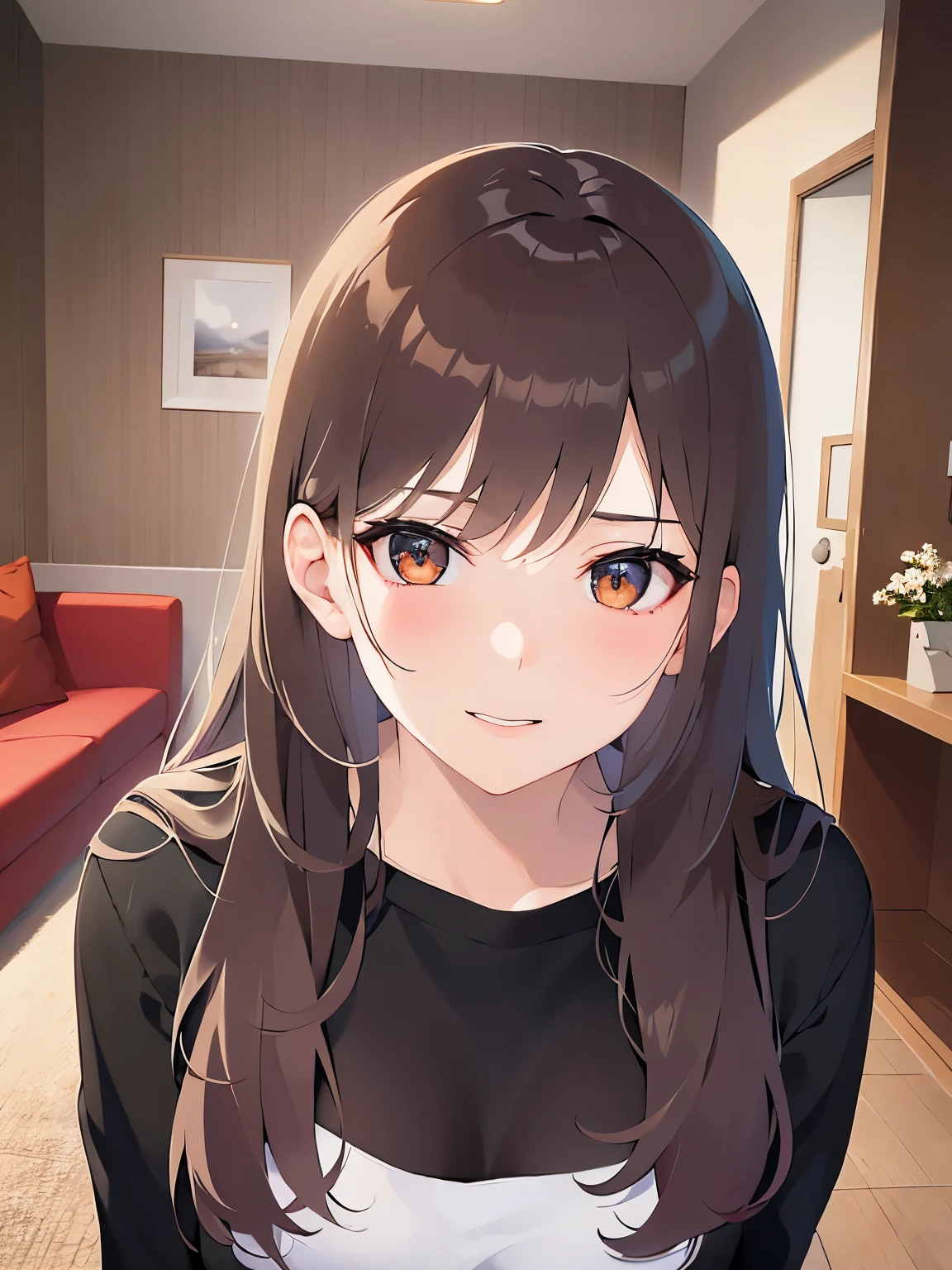 (Placing hand on cheek:1.3), looking up, Realistic, real person, (pale skin: 1.2), upper body, RAW photo, photorealistic, shiny skin, shiny hair、(A 25-year-old woman with medium-length hair and bangs) and (wavy hair) and (brown hair) and (Orange Eyes) , (Black T-shirt) 、(bashful:1.5), smile, The background is the living room、Alone、Are standing