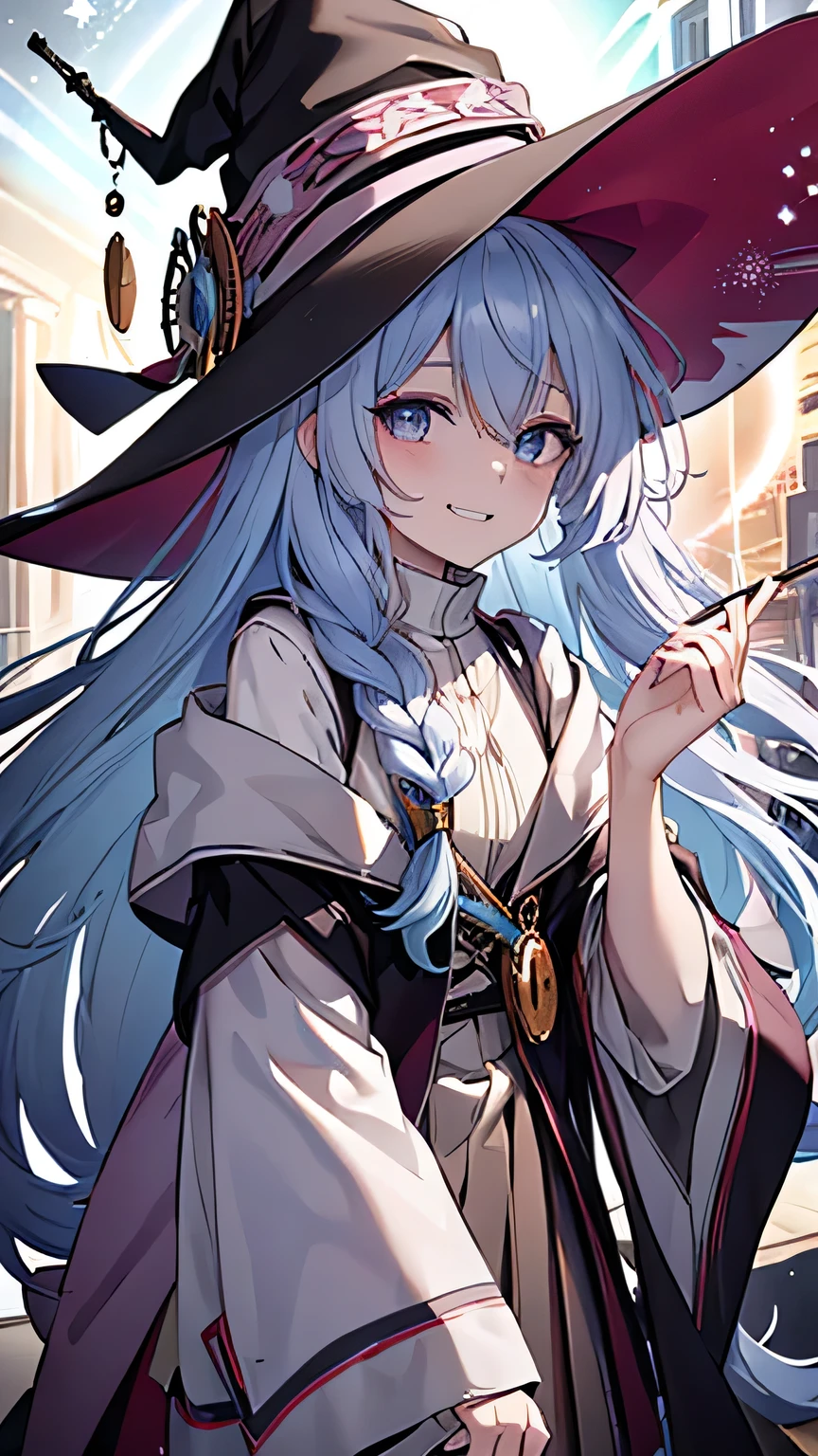 ((rainbow hair)), hair over shoulder, messy hair, hair over eyes, witch hat, wizard hat, grin, bright pupils, happy, anime, cinematic lighting, UHD, ((masterpiece)), super detail, (detailed eyes, detailed face), high quality, highres, high details, Witch with powerful magical light, female wizard, wide-brimmed hat, wizard's staff, wand, A torrent of light, colorful rays intersecting, (Right arm thrust out in front), orange costume, light blue hair, perfect body