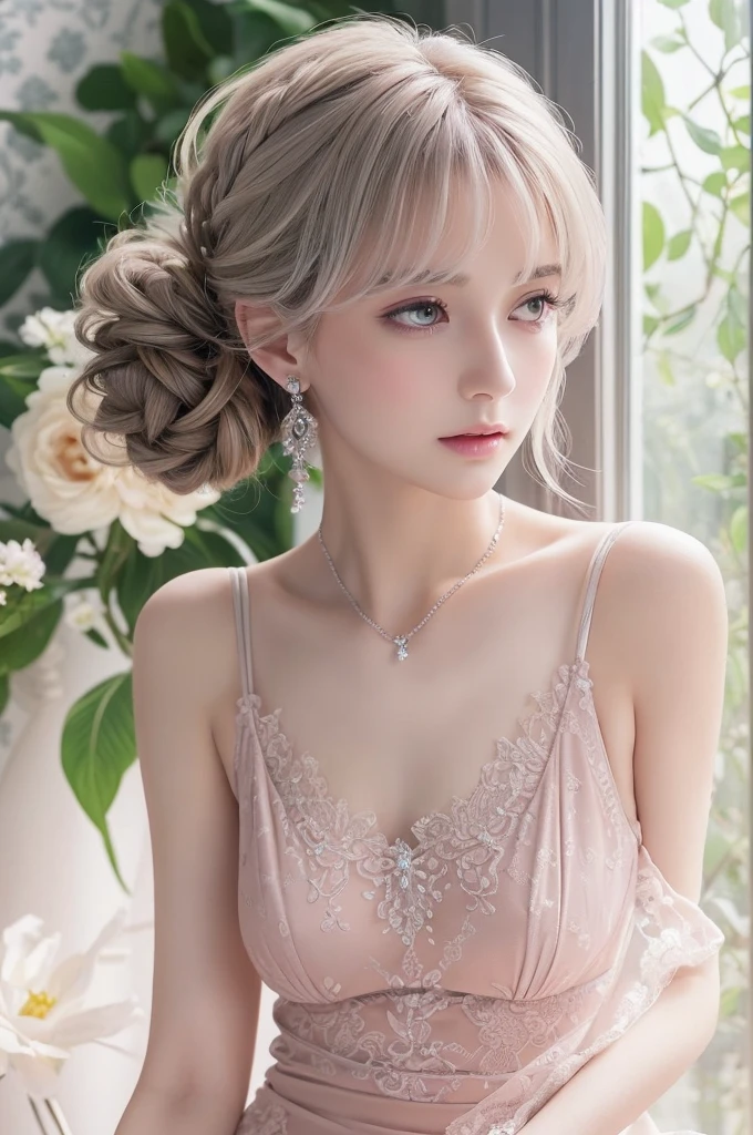 pink lace thong&Good, (((Very elegant and beautiful, Perfect detail, Super detailed))), whole body, The most detailed girl, Depth of written boundary, 美しく詳細なwhole body, Thin legs, 1 girl, 30 years old, Very short hair, Spiked Hair, Gray and silver hair, Beautiful detailed hair, Perfect Face, Expressionless, Beautifully detailed deep eyes, Open your mouth a little, Delicate arms and hands, Pale skin, Earrings, Beautiful and gorgeous necklace, Colorful background, HD background, Blurred Background, Very delicate and beautiful, Masterpiece, (((Highest quality, Very beautiful 8K CG wallpaper))), (((Trendy hairstyles))), (Inside the room,Stylish interior,window),