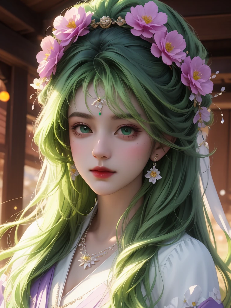 best quality, masterpiece, High target, There is a girl with a basket of flowers on her head, beautiful clothes, Hair Decorationss, necklace, Decorations, Pretty Face, When the body, Tyndall effect, Realistic Portraits, Edge lighting, Two-color light, (Very delicate skin:1.2), 8K uhd, Digital SLR Camera, Soft Light, high quality, Volumetric Lighting, Honest, photo, high resolution, 4K, 8K, Bokeh, Dark green hair，purple hair ends,.